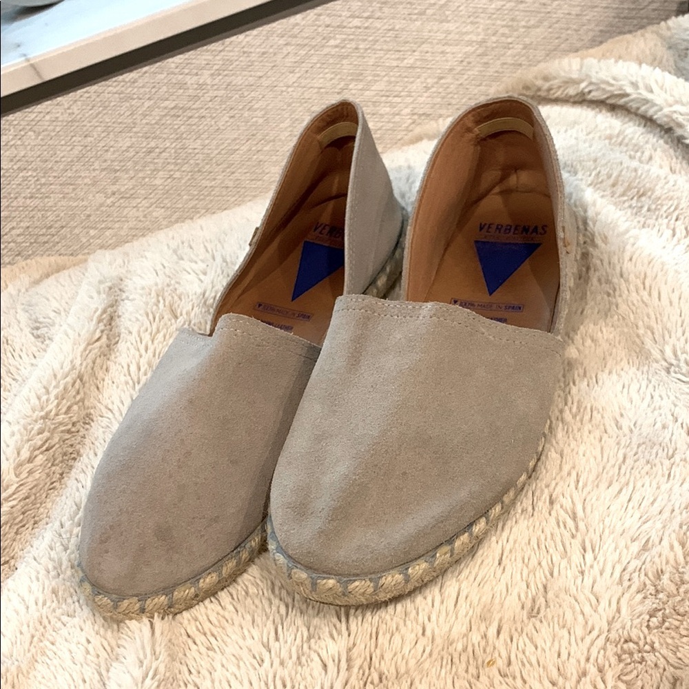 Verbenas Carmen Serraje Iris Gray Silver Suede Espadrille Flat Sandals